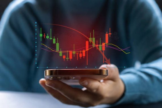 Dramatic stock market crash, red downward arrows and declining financial charts superimposed  business Trading, economic downturns and market volatility, money, investment advisories, market risks